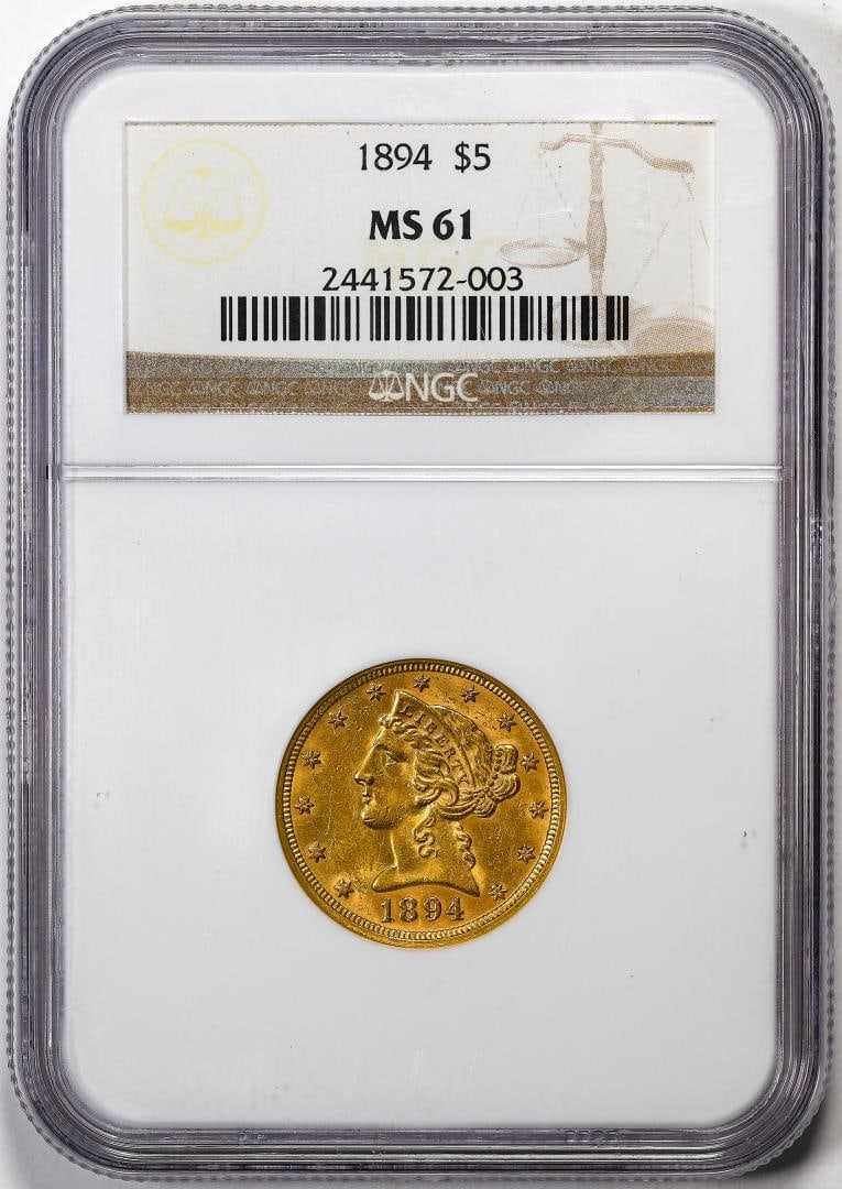 1894 $5 Liberty Head Half Eagle Gold Coin NGC MS61: One 1894 $5 Liberty Head Half Eagle Gold Coin NGC MS61. NGC Certified.