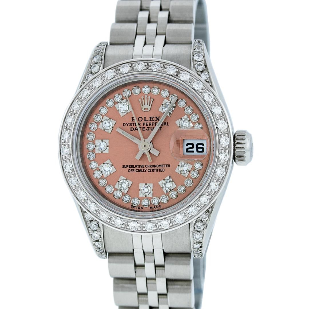 Rolex Ladies Stainless Steel Diamond Datejust Wristwatch: One Ladies Pre Owned Quickset Sapphire Stainless Steel Rolex Datejust Polished Bright with Satin Finish, Serviced And Electronically Tested, Stainless Steel Case: 26mm, Stainless Steel Crown, Custom D