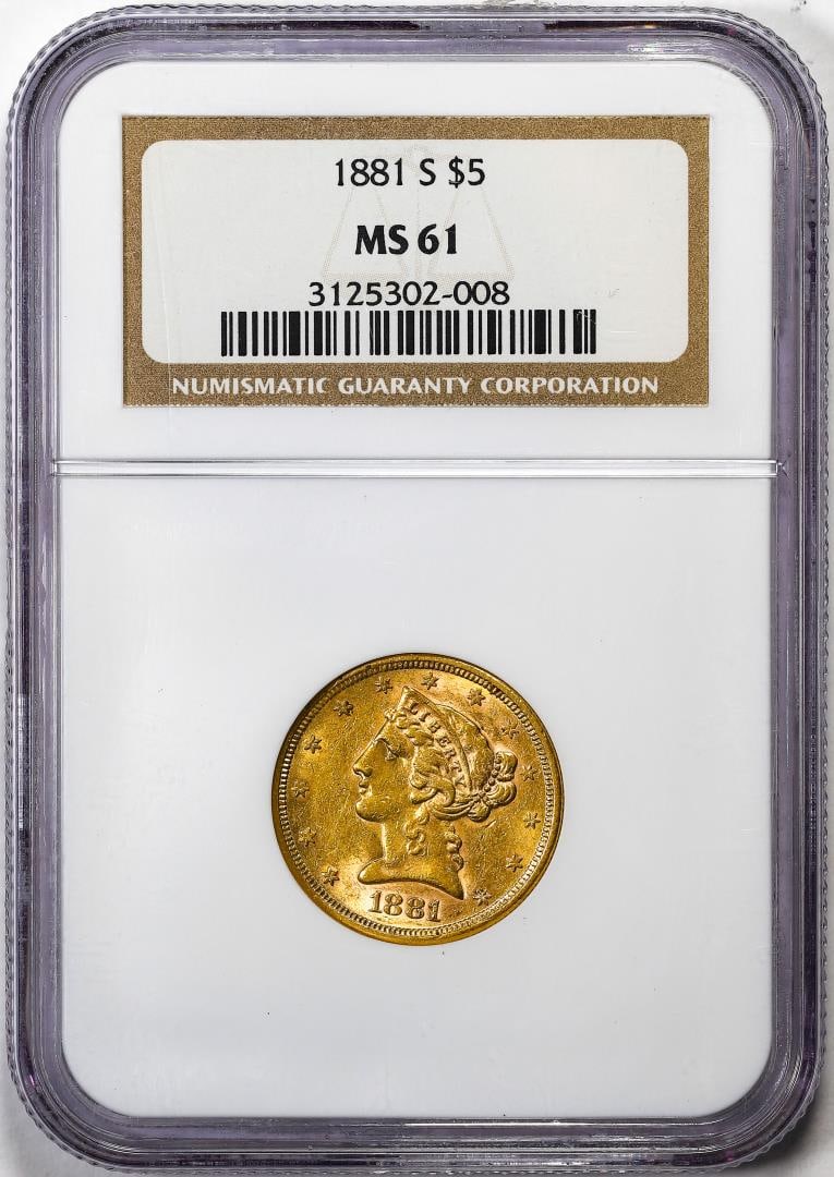 1881-S $5 Liberty Head Half Eagle Gold Coin NGC MS61: One 1881-S $5 Liberty Head Half Eagle Gold Coin NGC MS61. NGC Certified.