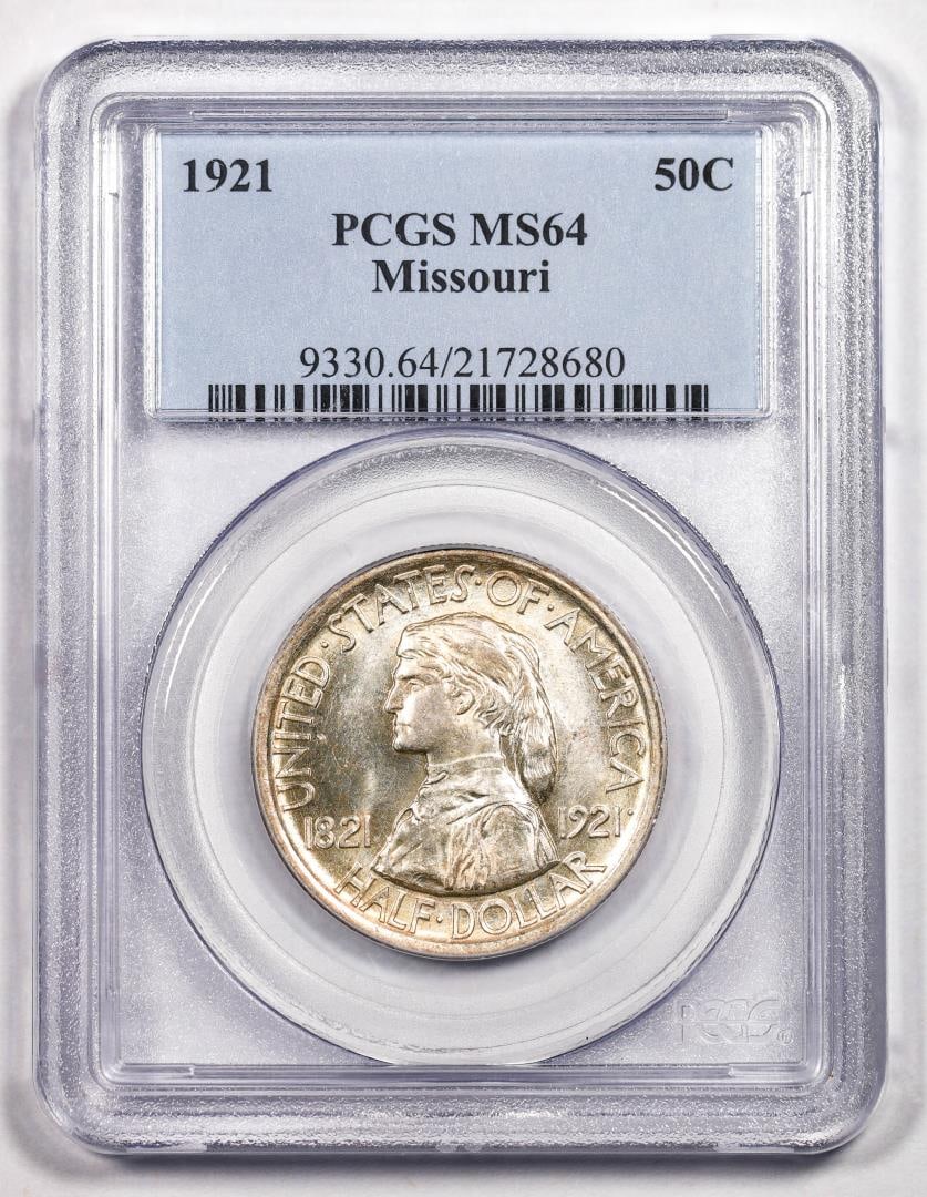 1921 Missouri Centennial Commemorative Half Dollar Coin PCGS MS64: One 1921 Missouri Centennial Commemorative Half Dollar Coin PCGS MS64. PCGS Graded.
