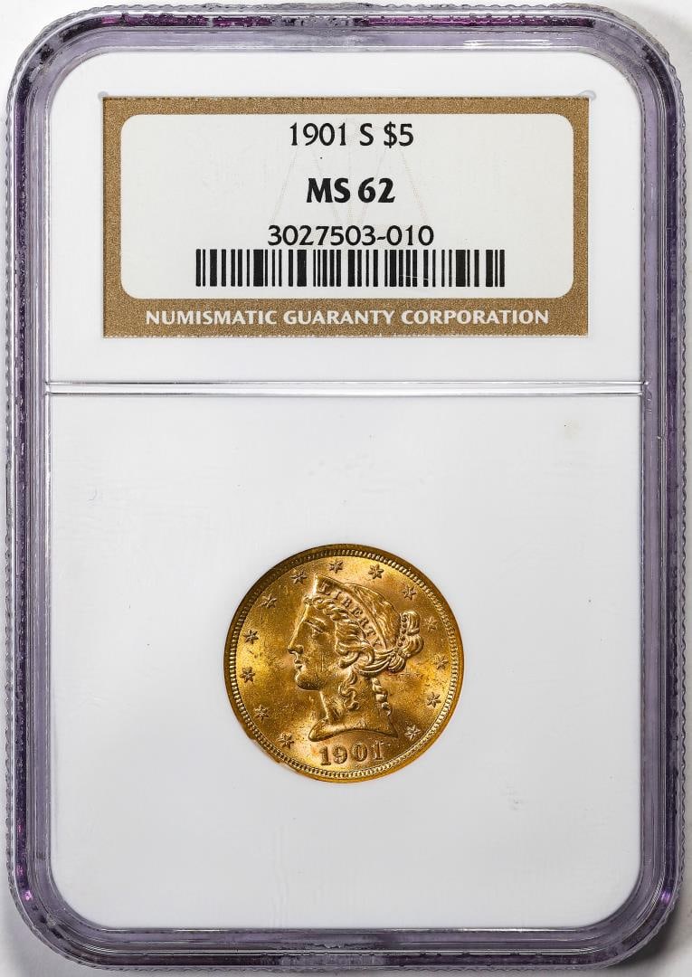 1901-S $5 Liberty Head Half Eagle Gold Coin NGC MS62: One 1901-S $5 Liberty Head Half Eagle Gold Coin NGC MS62. NGC Certified.