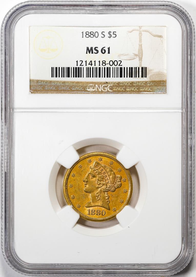 1880-S $5 Liberty Head Half Eagle Gold Coin NGC MS61: One 1880-S $5 Liberty Head Half Eagle Gold Coin NGC MS61. NGC Certified.