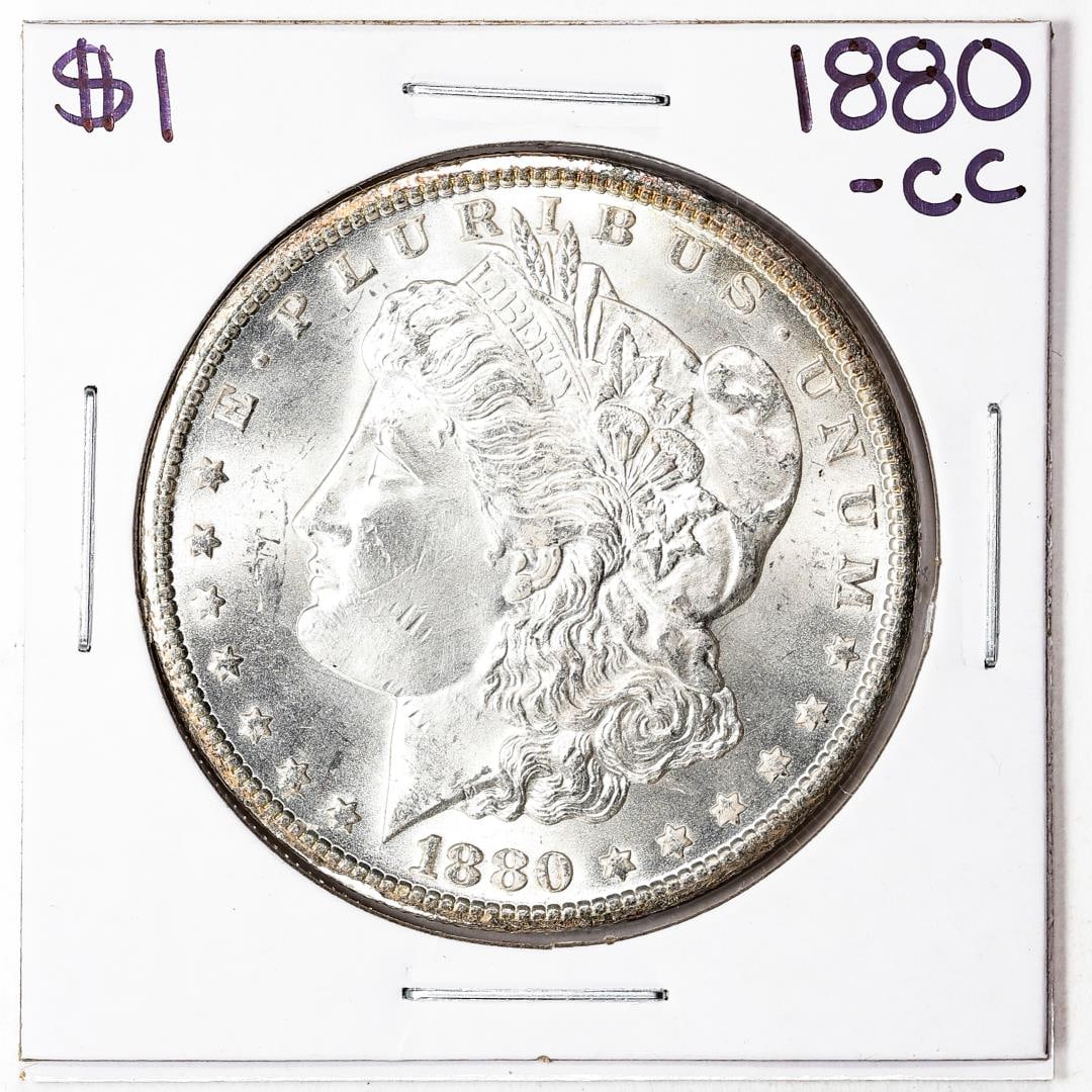 1880-CC $1 Morgan Silver Dollar Coin: One 1880-CC $1 Morgan Silver Dollar Coin.