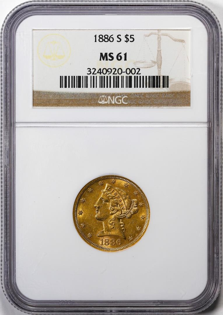 1886-S $5 Liberty Head Half Eagle Gold Coin NGC MS61: One 1886-S $5 Liberty Head Half Eagle Gold Coin NGC MS61. NGC Certified.