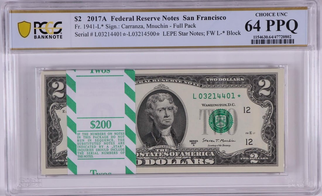Pack 2017A $2 Federal Reserve STAR Notes SF Fr.1941-L* PCGS Choice Uncirculated 64PPQ: One Pack 2017A $2 Federal Reserve STAR Notes SF Fr.1941-L* PCGS Choice Uncirculated 64PPQ. PCGS Graded.