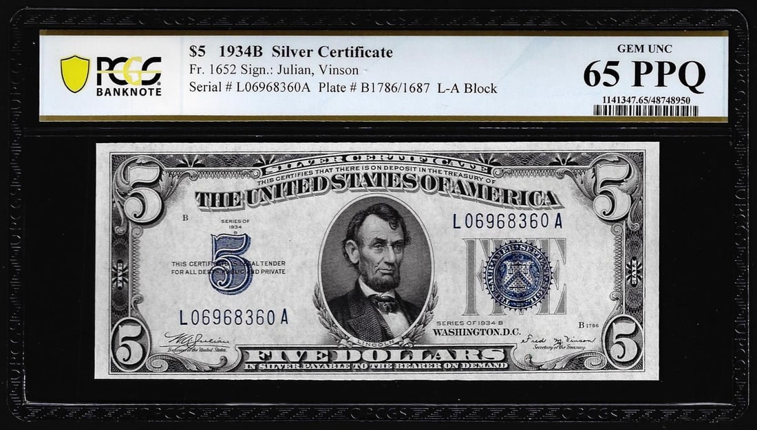 1934B $5 Silver Certificate Note Fr.1652 PCGS Gem Uncirculated 65PPQ: One 1934B $5 Silver Certificate Note Fr.1652 PCGS Gem Uncirculated 65PPQ. PCGS Graded.