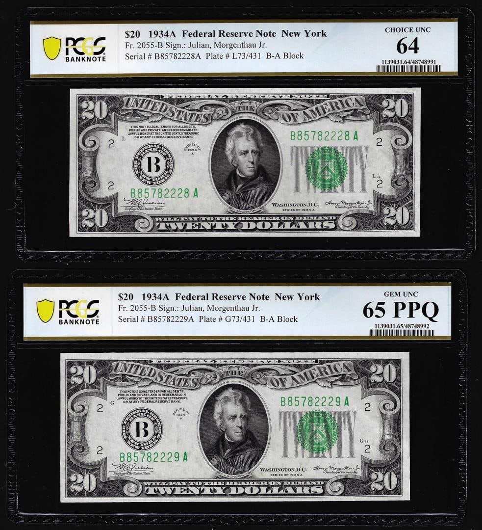 (2) Cons. 1934A $20 Federal Reserve Notes PCGS Uncirculated 64/65PPQ Plate Change: One (2) Cons. 1934A $20 Federal Reserve Notes PCGS Uncirculated 64/65PPQ Plate Change. PCGS Graded.