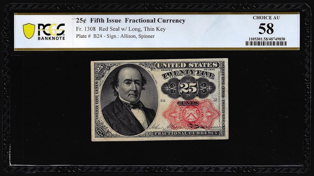 1874 Fifth Issue Twenty-Five Cents Fractional Currency Note Fr.1308 PCGS Choice AU 58: One 1874 Fifth Issue Twenty-Five Cents Fractional Currency Note Fr.1308 PCGS Choice AU 58. PCGS Graded.