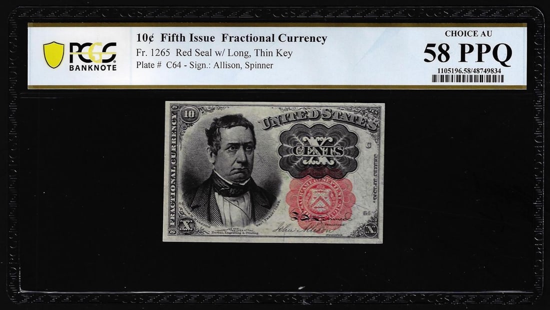 1874 Fifth Issue Ten Cents Fractional Currency Note Fr.1265 PCGS Choice AU 58PPQ: One 1874 Fifth Issue Ten Cents Fractional Currency Note Fr.1265 PCGS Choice AU 58PPQ. PCGS Graded.