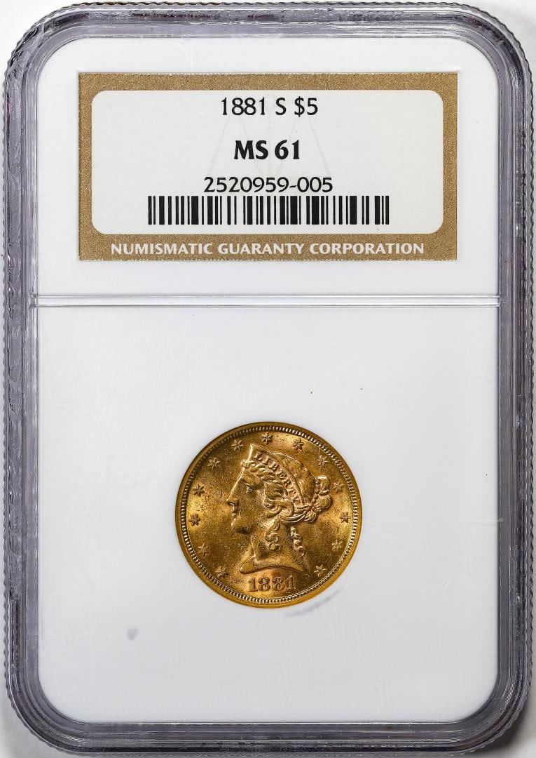 1881-S $5 Liberty Head Half Eagle Gold Coin NGC MS61: One 1881-S $5 Liberty Head Half Eagle Gold Coin NGC MS61. NGC Certified.