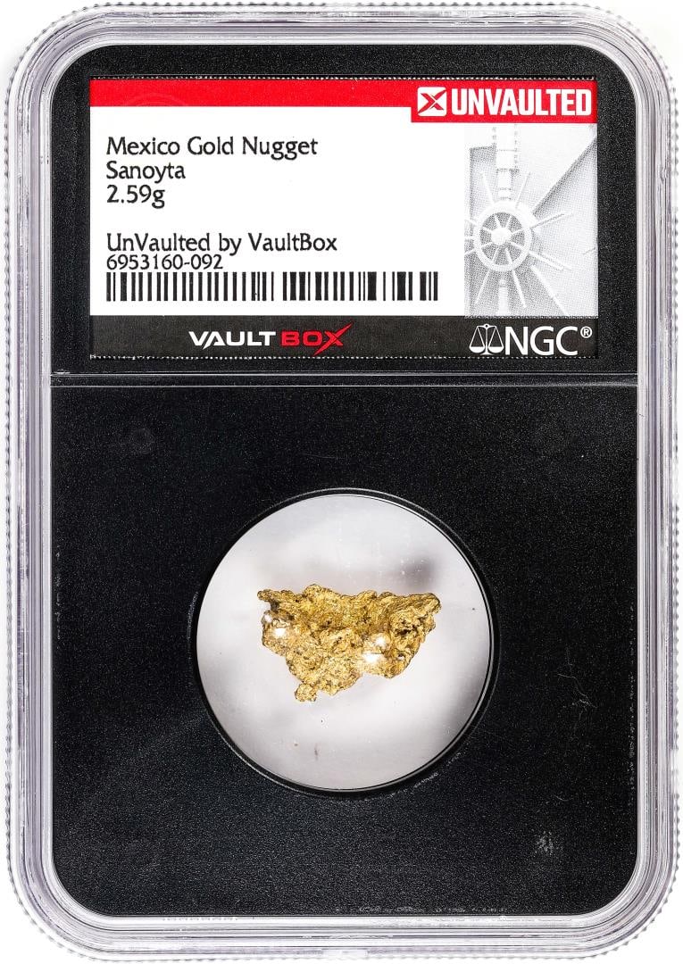 2.59 Gram Sanoyta Mexico Gold Nugget NGC Vaultbox Unvaulted: One 2.59 Gram Sanoyta Mexico Gold Nugget NGC Vaultbox Unvaulted. NGC Certified.