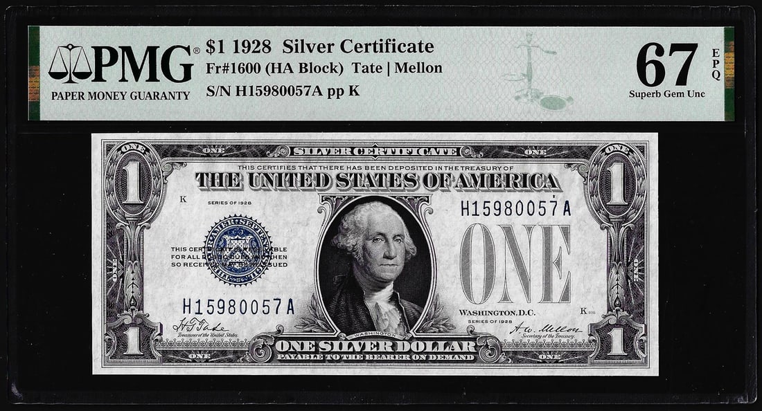 1928 $1 Funnyback Silver Certificate Note Fr.1600 PMG Superb Gem Uncirculated 67EPQ: One 1928 $1 Funnyback Silver Certificate Note Fr.1600 PMG Superb Gem Uncirculated 67EPQ. PMG Certified.