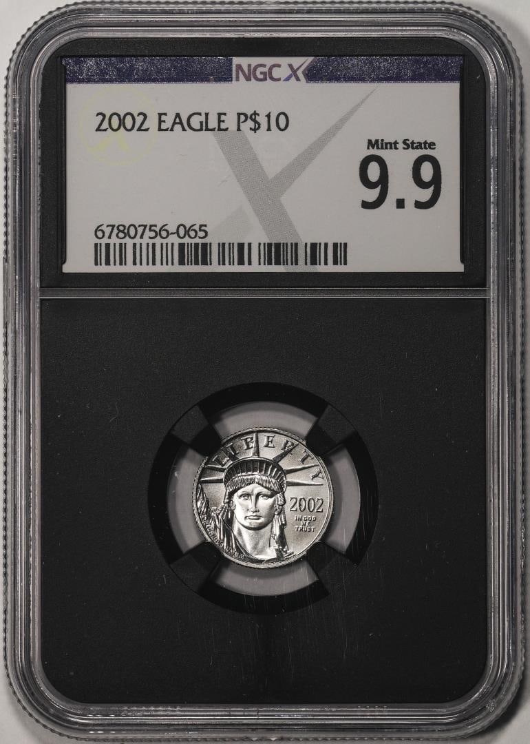 2002 $10 Platinum American Eagle Coin NGCX Mint State 9.9: One 2002 $10 Platinum American Eagle Coin NGCX Mint State 9.9. NGCX Certified.