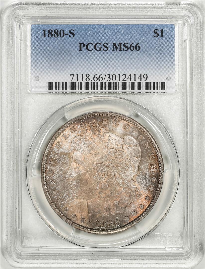 1880-S $1 Morgan Silver Dollar Coin PCGS MS66 Amazing Toning: One 1880-S $1 Morgan Silver Dollar Coin PCGS MS66 Amazing Toning. PCGS Graded.