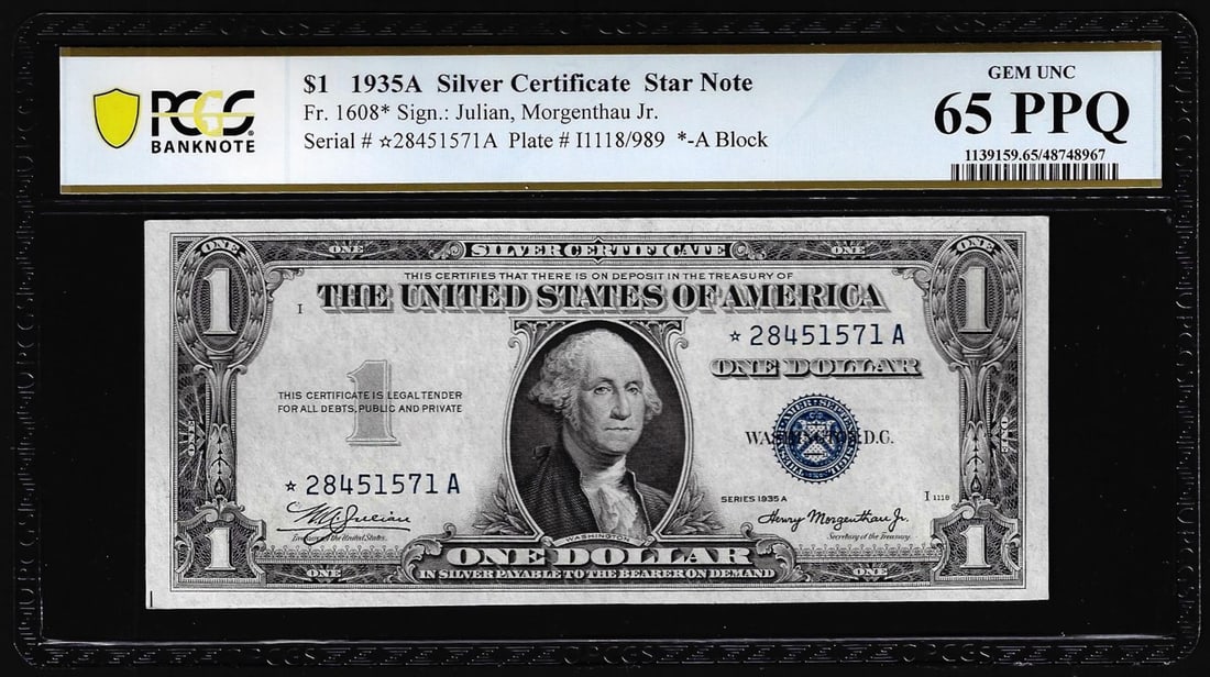 1935A $1 Silver Certificate STAR Note Fr.1608* PCGS Gem Uncirculated 65PPQ: One 1935A $1 Silver Certificate STAR Note Fr.1608* PCGS Gem Uncirculated 65PPQ. PCGS Graded.