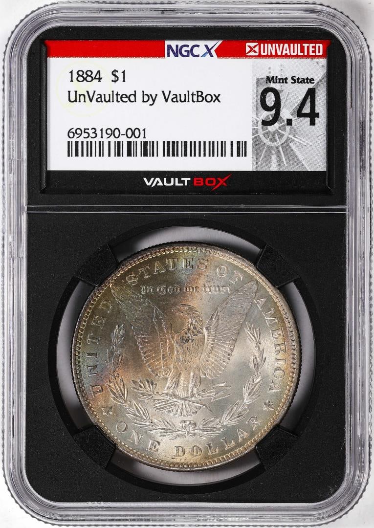 1884 $1 Morgan Silver Dollar Coin NGCX Mint State 9.4 VaultBox Amazing Toning: One 1884 $1 Morgan Silver Dollar Coin NGCX Mint State 9.4 VaultBox Amazing Toning. NGCX Certified.