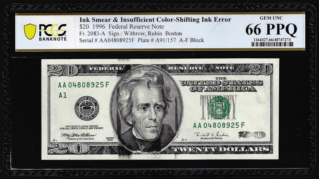 1996 $20 Federal Reserve Note Ink Smear & Insufficient Color Error PCGS Gem Unc 66PPQ: One 1996 $20 Federal Reserve Note Ink Smear & Insufficient Color Error PCGS Gem Unc 66PPQ. PCGS Graded.