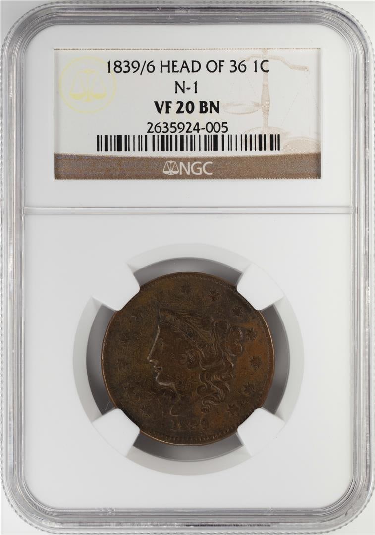 1839/6 Coronet Head of 36 Large Cent Coin NGC VF20 BN: One 1839/6 Coronet Head of 36 Large Cent Coin NGC VF20 BN. NGC Certified.