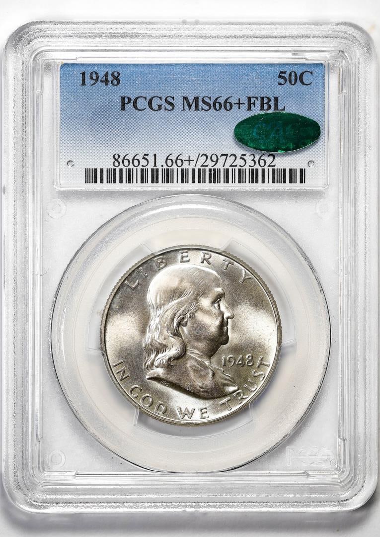 1948 Franklin Half Dollar Coin PCGS MS66+FBL CAC: One 1948 Franklin Half Dollar Coin PCGS MS66+FBL CAC. PCGS Graded.