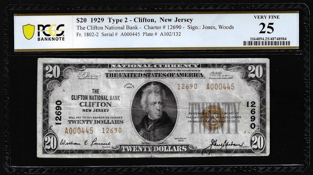 1929 Ty.2 $20 Clifton, New Jersey CH #12690 National Currency Note PCGS Very Fine 25: One 1929 Ty.2 $20 Clifton, New Jersey CH #12690 National Currency Note PCGS Very Fine 25. PCGS Graded.