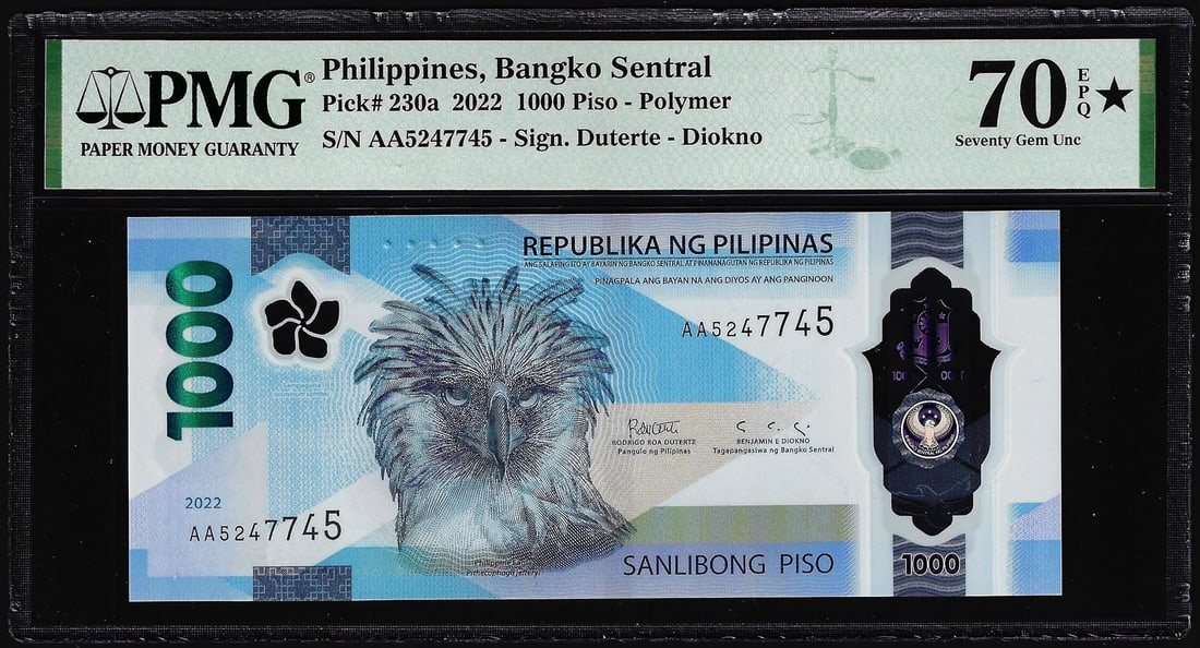 2022 Philippines Central Bank 1000 Piso Note PMG Seventy Gem Uncirculated 70EPQ* Star: One 2022 Philippines Central Bank 1000 Piso Note PMG Seventy Gem Uncirculated 70EPQ* Star. PMG Certified.