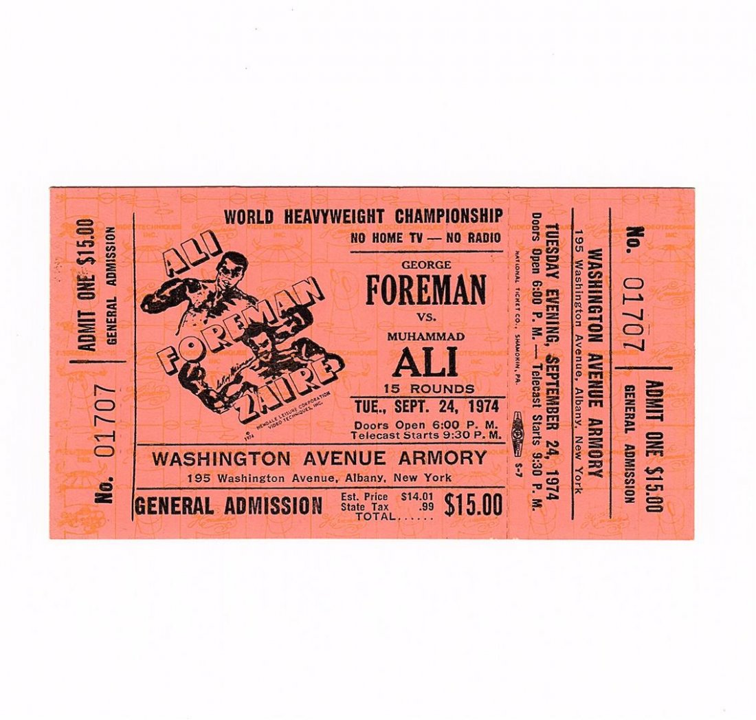Muhammad Ali & George Foreman Fight Ticket: A great piece for any boxing fan: An original ticket for the Sept. 24, 1974 Theatre Telecast at the Washington Avenue Armory, Albany, N.Y. featuring George Foreman vs. Muhammad Ali which was to be hel