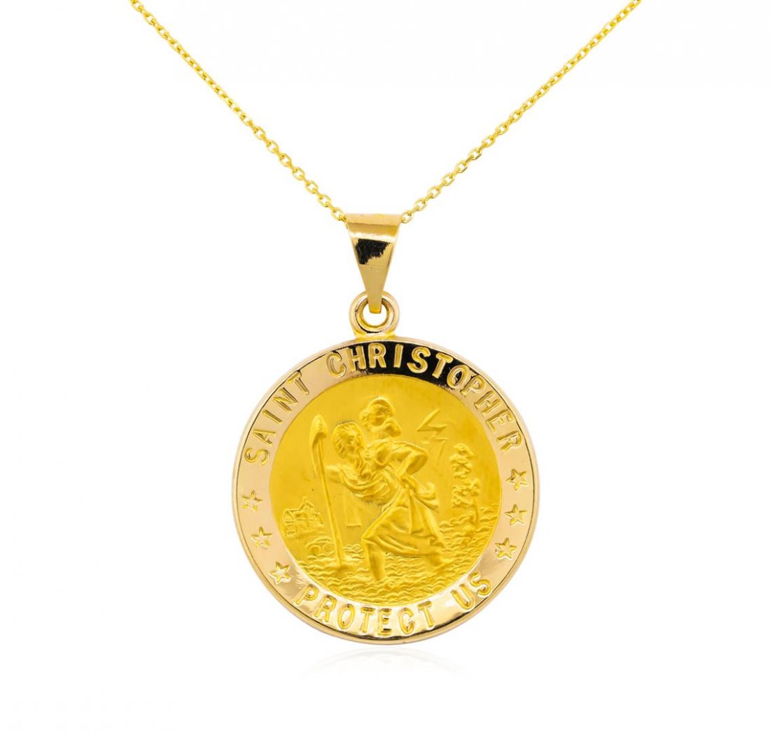 14KT Yellow Gold Saint Christopher Pendant with Chain: This pendant with chain is made of 14KT Yellow Gold and has a total weight of 2.00 grams. The 14KT Yellow Gold chain has a length of approximately 16".