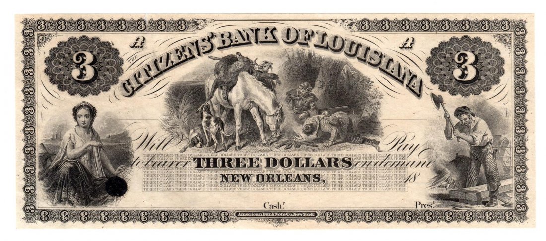 1800s $3 The Citizens Bank of Louisiana Obsolete Note: One 1800s $3 The Citizens Bank of Louisiana Obsolete Note.