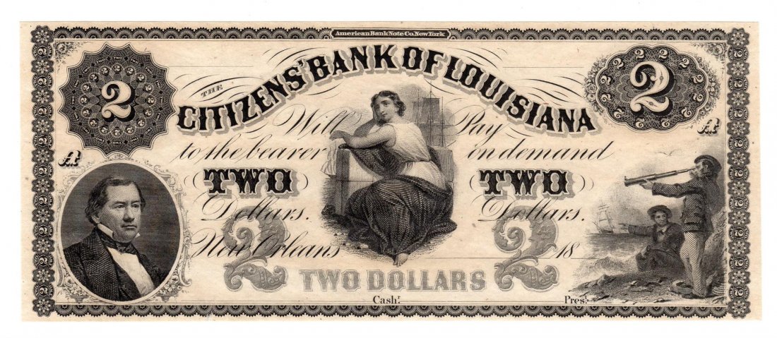 1800s $2 $The Citizens Bank of Louisiana Obsolete Note: One 1800s $2 $The Citizens Bank of Louisiana Obsolete Note.