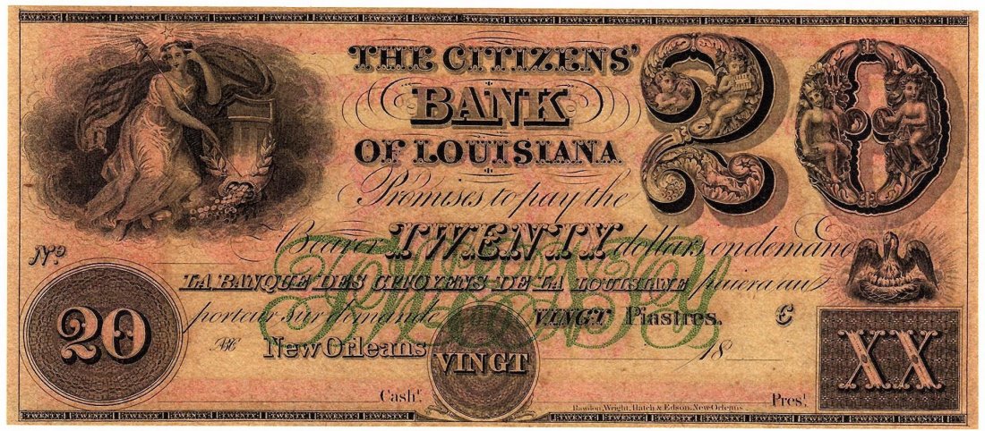 1800s $20 Bank of Louisiana New Orleans Obsolete: One 1800's $20 Citizens Bank of Louisiana New Orleans Obsolete Currency Note.