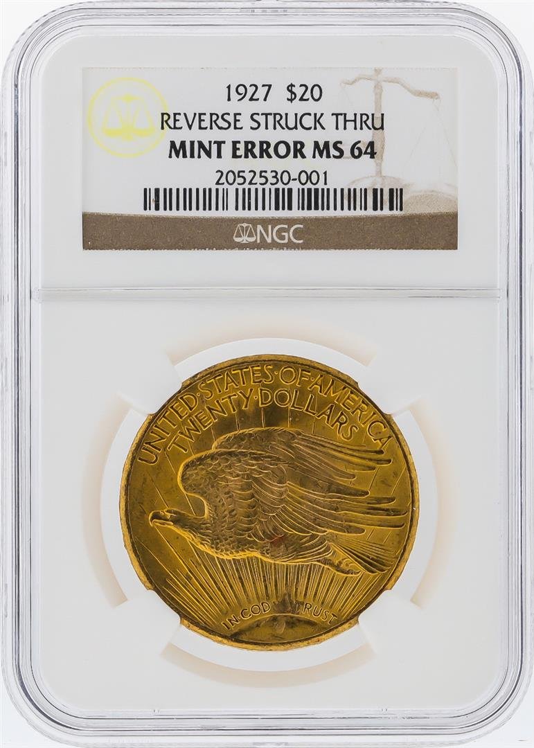 1927 $20 St. Gaudens Double Eagle Gold Coin Mint ERROR: One 1927 $20 St. Gaudens Double Eagle Gold Coin Reverse Struck Thru Mint ERROR NGC Graded MS64. NGC Certified.