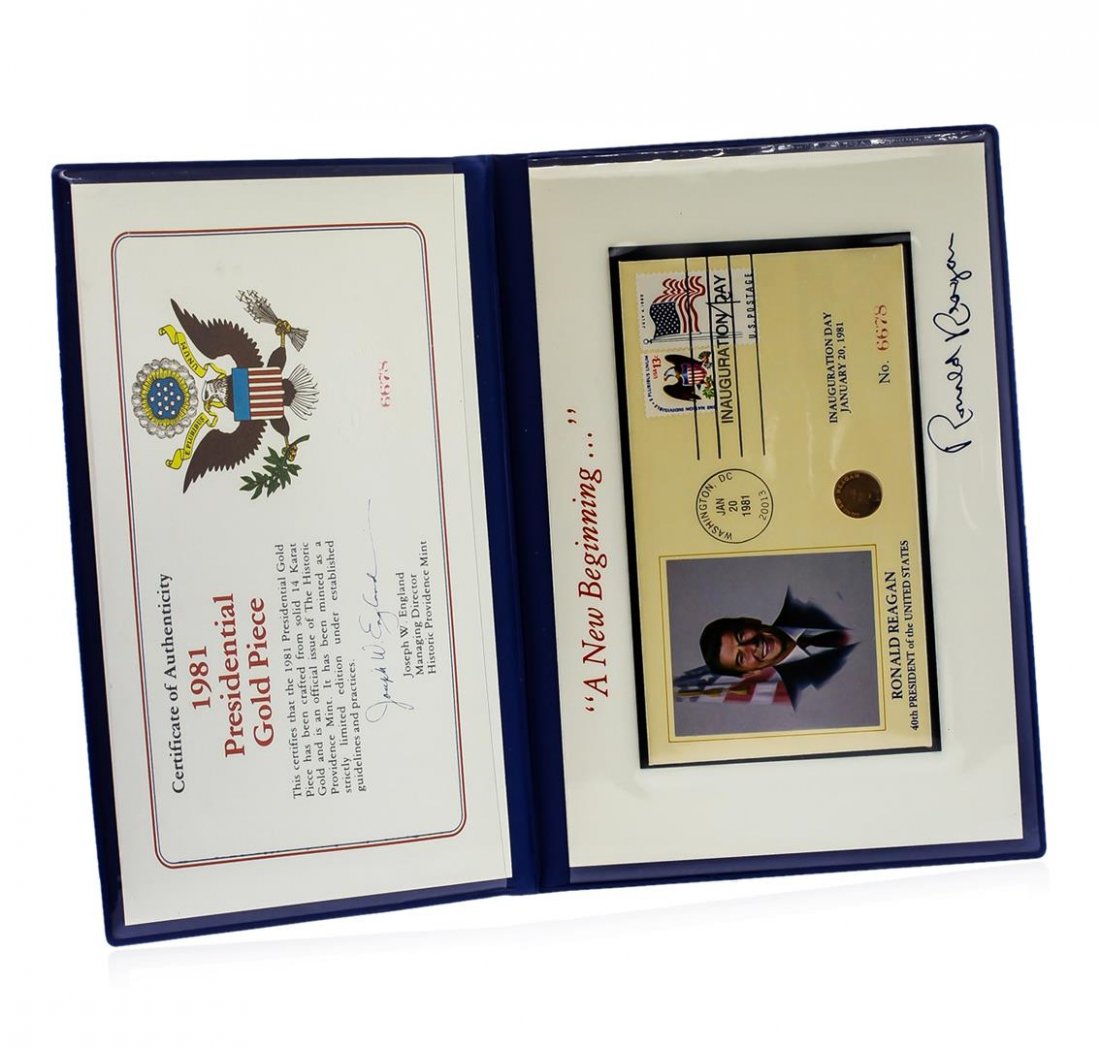 1981 Presidential Ronald Reagan 14KT Gold Piece: 1981 Presidential Ronald Reagan 14KT Gold Piece Providence Mint Coin Deluxe Edition Set. Comes in a blue portfolio w/COA commemorating "A New Begininning for Ronald Reagans Inauguration Day of January