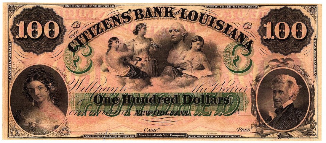 1800s $100 Bank of Louisiana New Orleans Obsolete: One 1800's $100 Citizens Bank of Louisiana New Orleans Obsolete Currency Note.