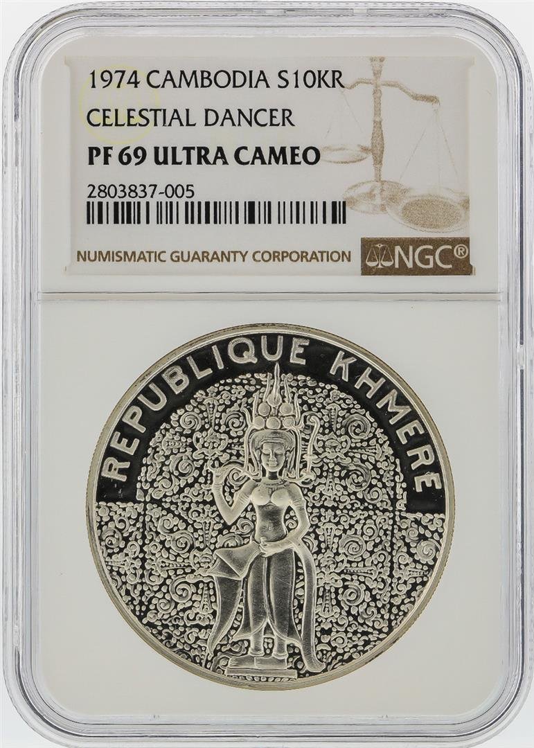 1974 Cambodia Silver 10K Riels Celestial Dancer Coin: One 1974 Cambodia Silver 10K Riels Celestial Dancer Coin NGC PF69 Ultra Cameo. NGC Certified.