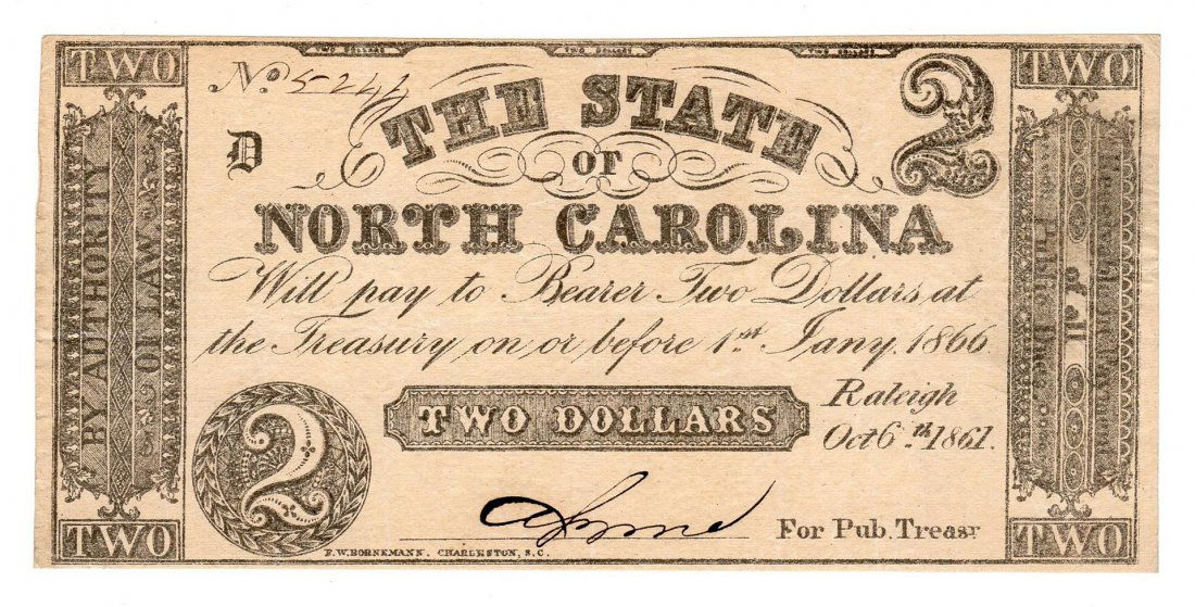 1861 $2 The State of North Carolina Confederate: One 1861 $2 The State of North Carolina Confederate Currency Note.