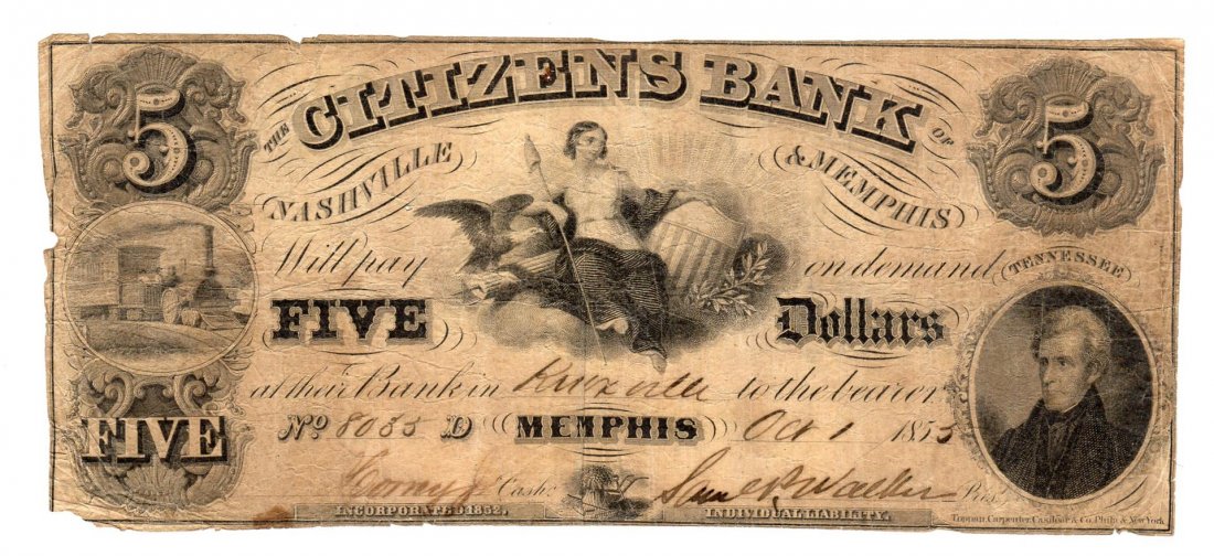 1855 $5 Citizens Bank Nashville & Memphis Obsolete Bank: One 1855 $5 Citizens Bank Nashville & Memphis Obsolete Bank Note.