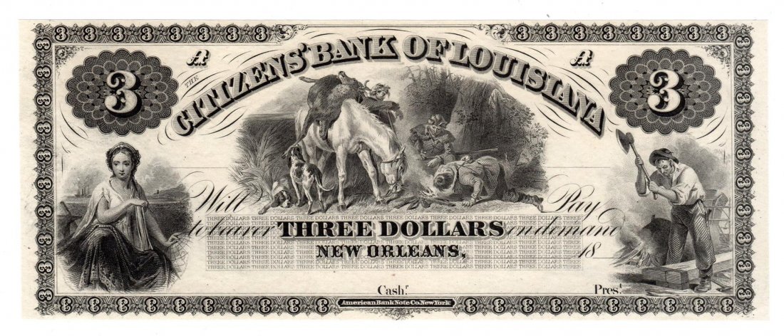 1800s $3 The Citizens Bank of Louisiana Obsolete Note: One 1800s $3 The Citizens Bank of Louisiana Obsolete Note.