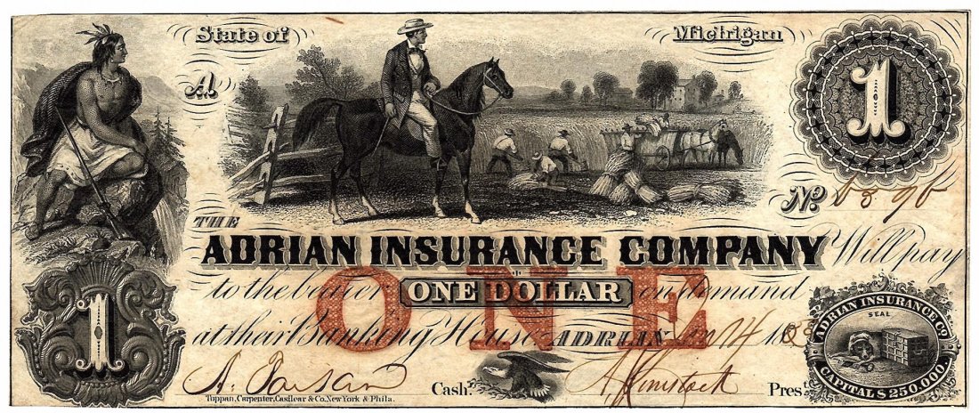 1800's $1 Adrian Insurance Company Michigan Obsolete: One 1800's $1 Adrian Insurance Company Michigan Obsolete Currency Note.