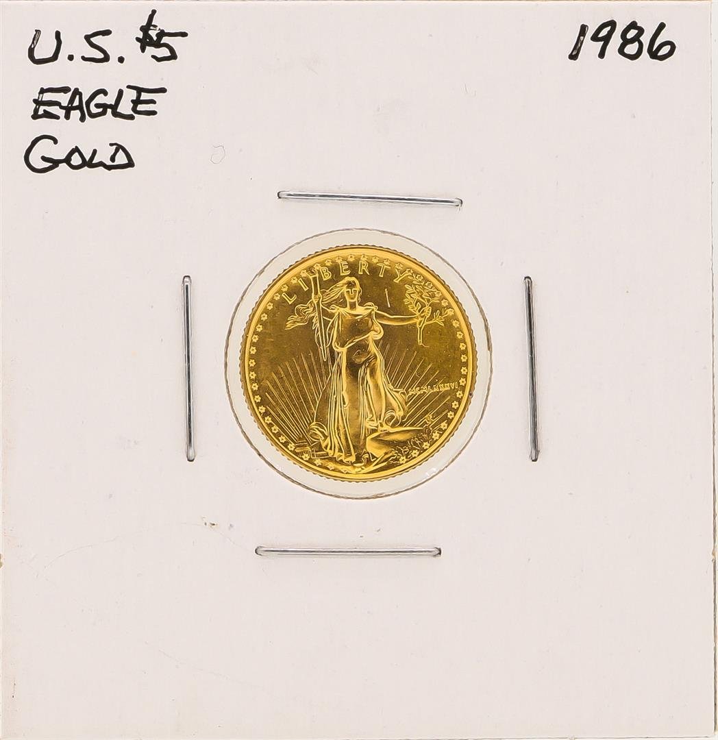 1986 1/10 oz. $5 Gold American Eagle Coin: One 1986 1/10 oz. $5 Gold American Eagle Coin.