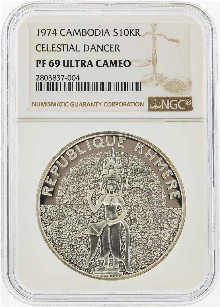 1974 10KR Cambodia Silver Celestial Dancer Coin NGC: One 1974 10KR Cambodia Silver Celestial Dancer Coin NGC PF69 Ultra Cameo. NGC Certified.