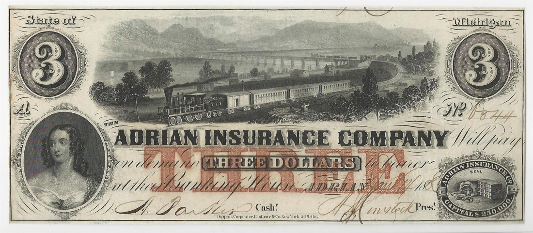 1800s $3 The Adrian Insurance Company Obsolete Bank: One 1800s $3 The Adrian Insurance Company Obsolete Bank Note.