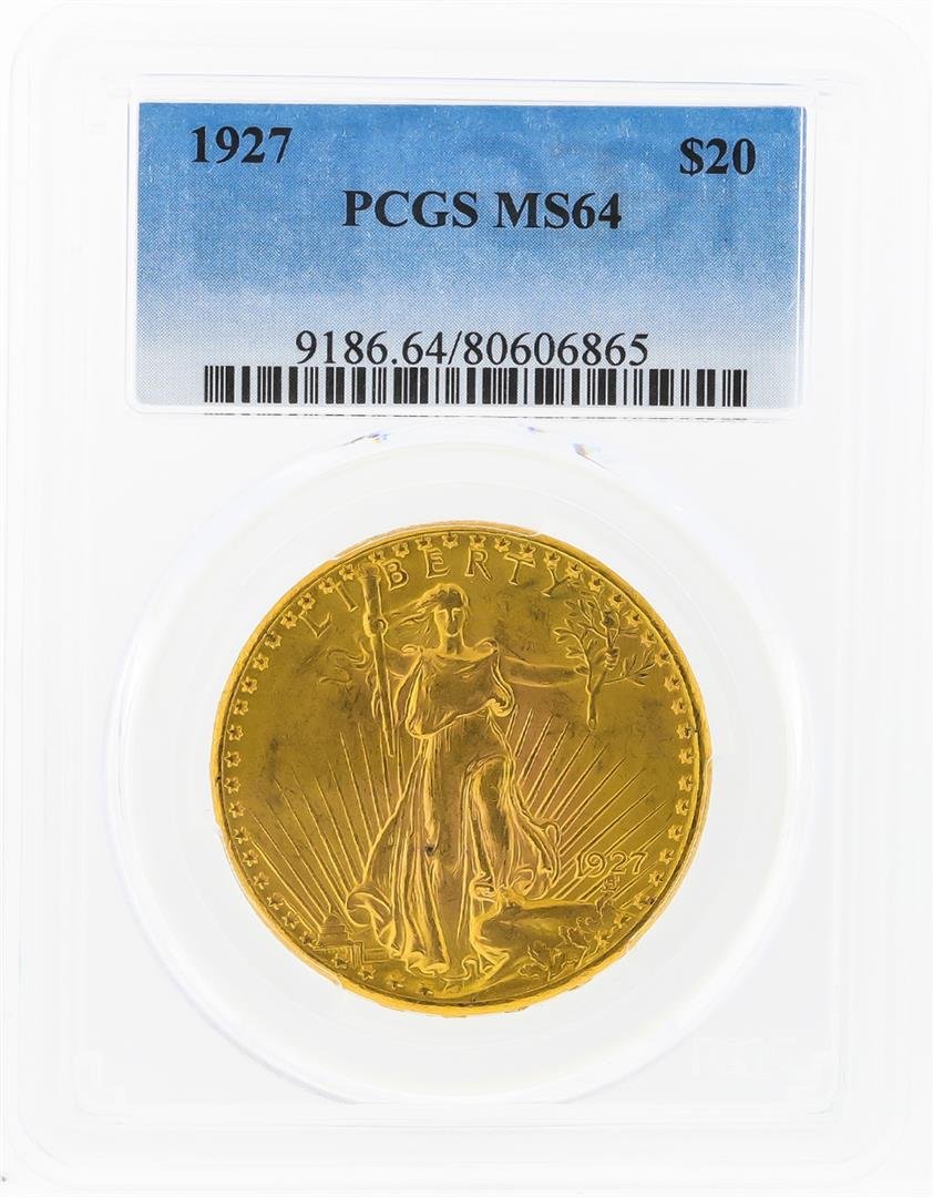 1927 $20 St. Gaudens Double Eagle Gold Coin PCGS MS64: One 1927 $20 St. Gaudens Double Eagle Gold Coin PCGS MS64. PCGS Graded.