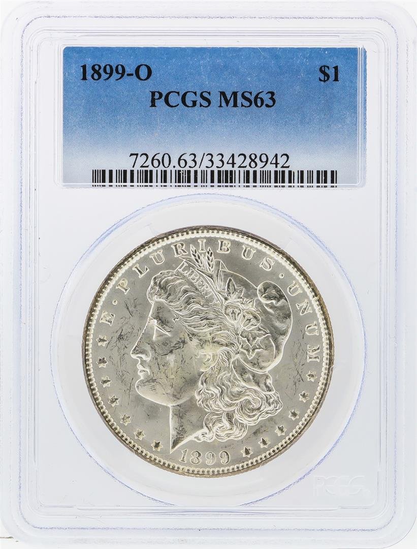 1899-O $1 Morgan Silver Dollar PCGS Graded MS63: One 1899-O $1 Morgan Silver Dollar PCGS Graded MS63. PCGS Graded.