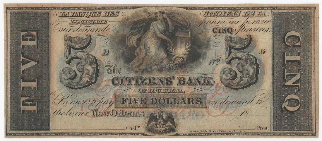 1800s $5 The Citizens Bank of Louisiana Obsolete Bank: One 1800s $5 The Citizens Bank of Louisiana Obsolete Bank Note.