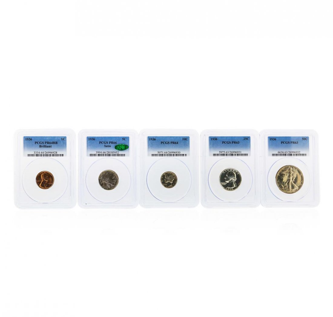 1936 PCGS Graded (5) Coin Proof Set: This Rare 1936 PCGS Graded (5) Coin Proof Set includes the following coins: 1936 Lincoln Cent PCGS Graded PR64RB Brilliant coin, 1936 Buffalo Nickel PCGS and CAC Graded PR66 Satin, 1936 Mercury Dime P