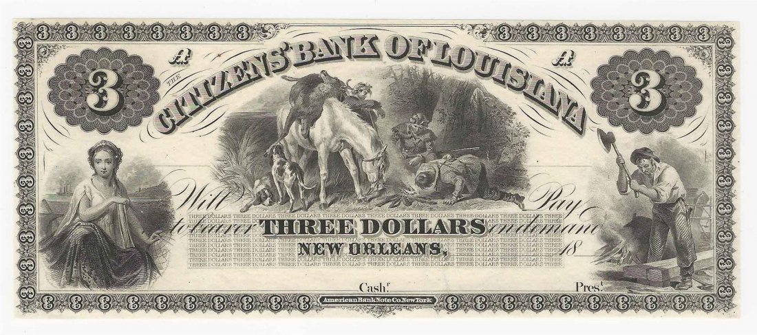 1800s $3 The Citizens Bank of Louisiana Obsolete Bank: One 1800s $3 The Citizens Bank of Louisiana Obsolete Bank Note.