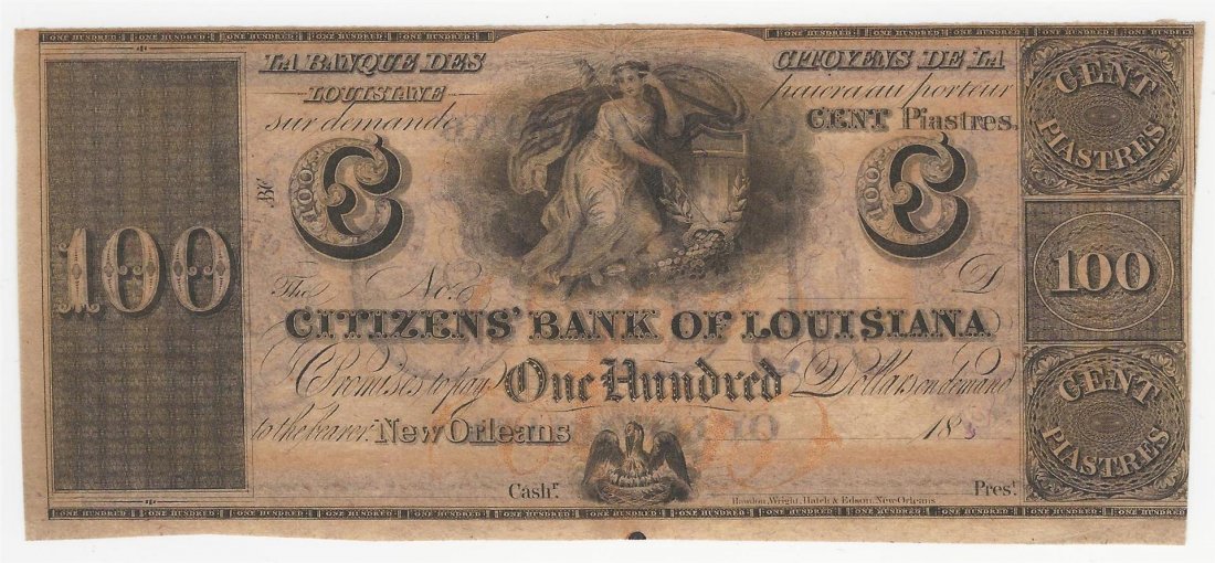 1800s $100 The Citizens Bank of Louisiana Obsolete Bank: One 1800s $100 The Citizens Bank of Louisiana Obsolete Bank Note.
