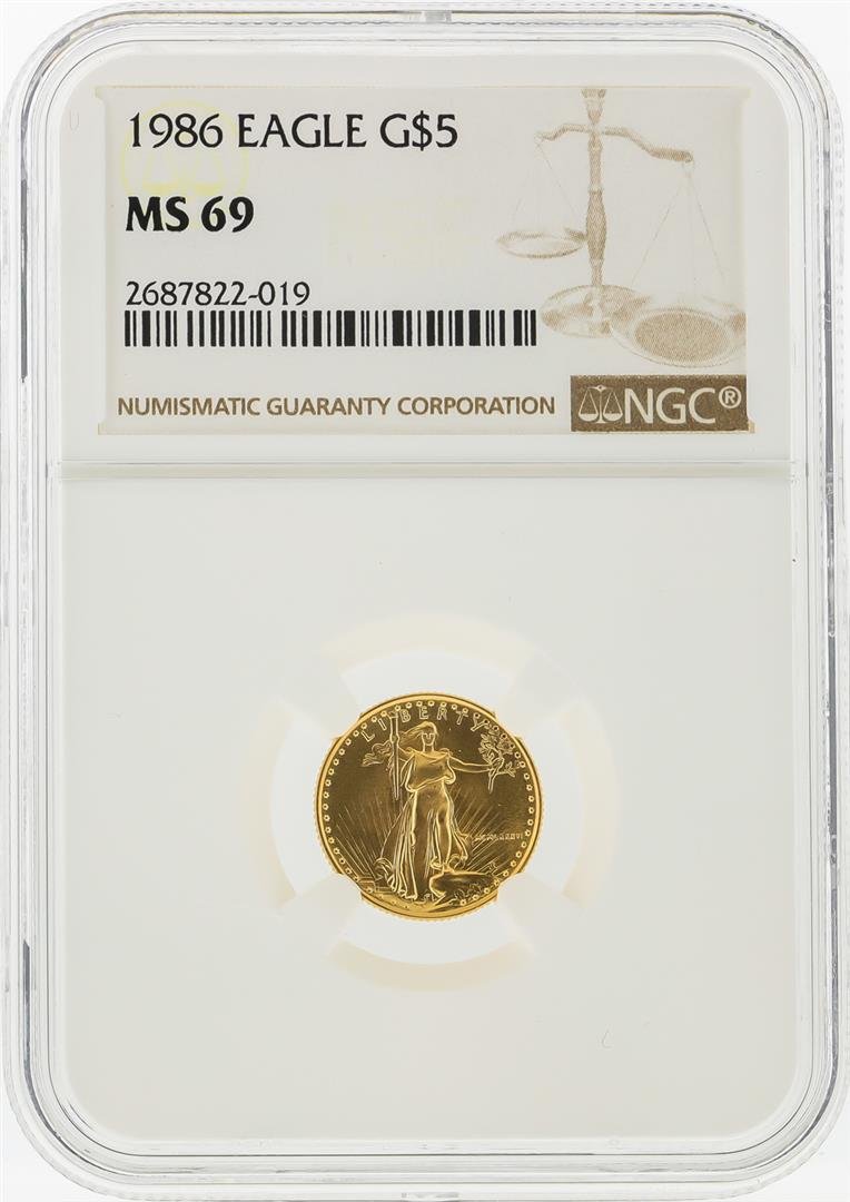 1986 $5 American Gold Eagle Coin NGC Graded MS69: One 1986 $5 American Gold Eagle Coin NGC Graded MS69. NGC Certified.