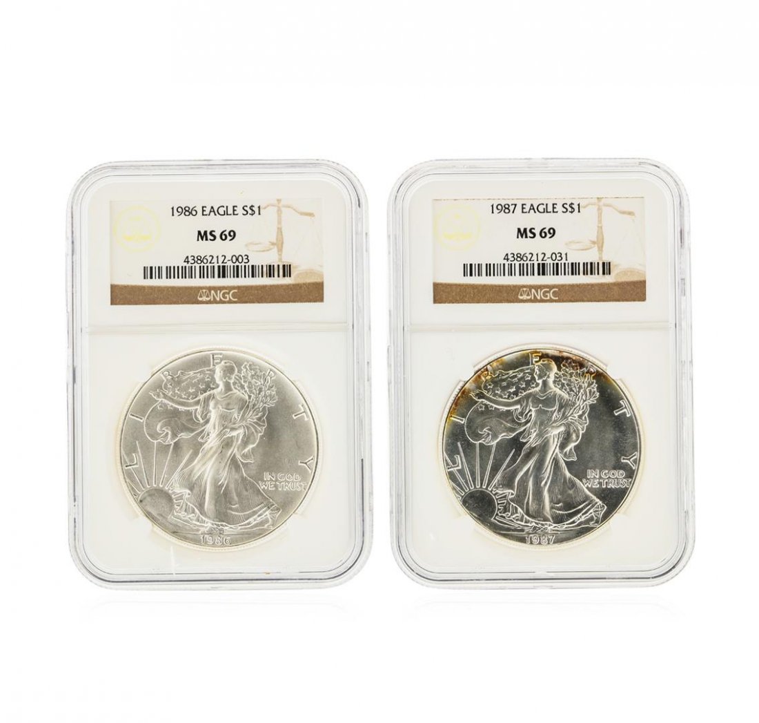 Set of (2) 1986-1987 $1 Silver Eagle Coins NGC Graded: One Set of (2) 1986-1987 $1 Silver Eagle Coins NGC Graded MS69. NGC Certified.