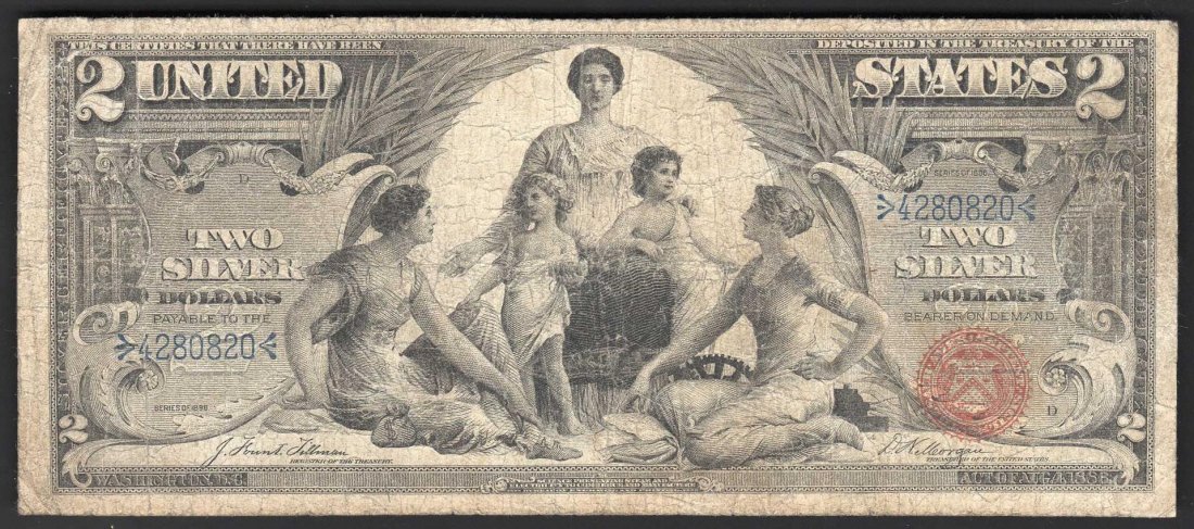1896 $2 Silver Certificate Educational Note: One 1896 $2 Silver Certificate Educational Note. The note has a Small Tear in top left corner of note which can most likely be repaired.